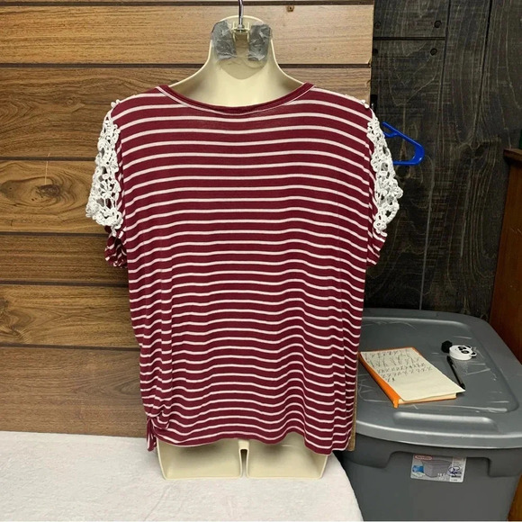 Lovely Souls size large top lace shoulders burgundy/white stripes side tie - Picture 3 of 7